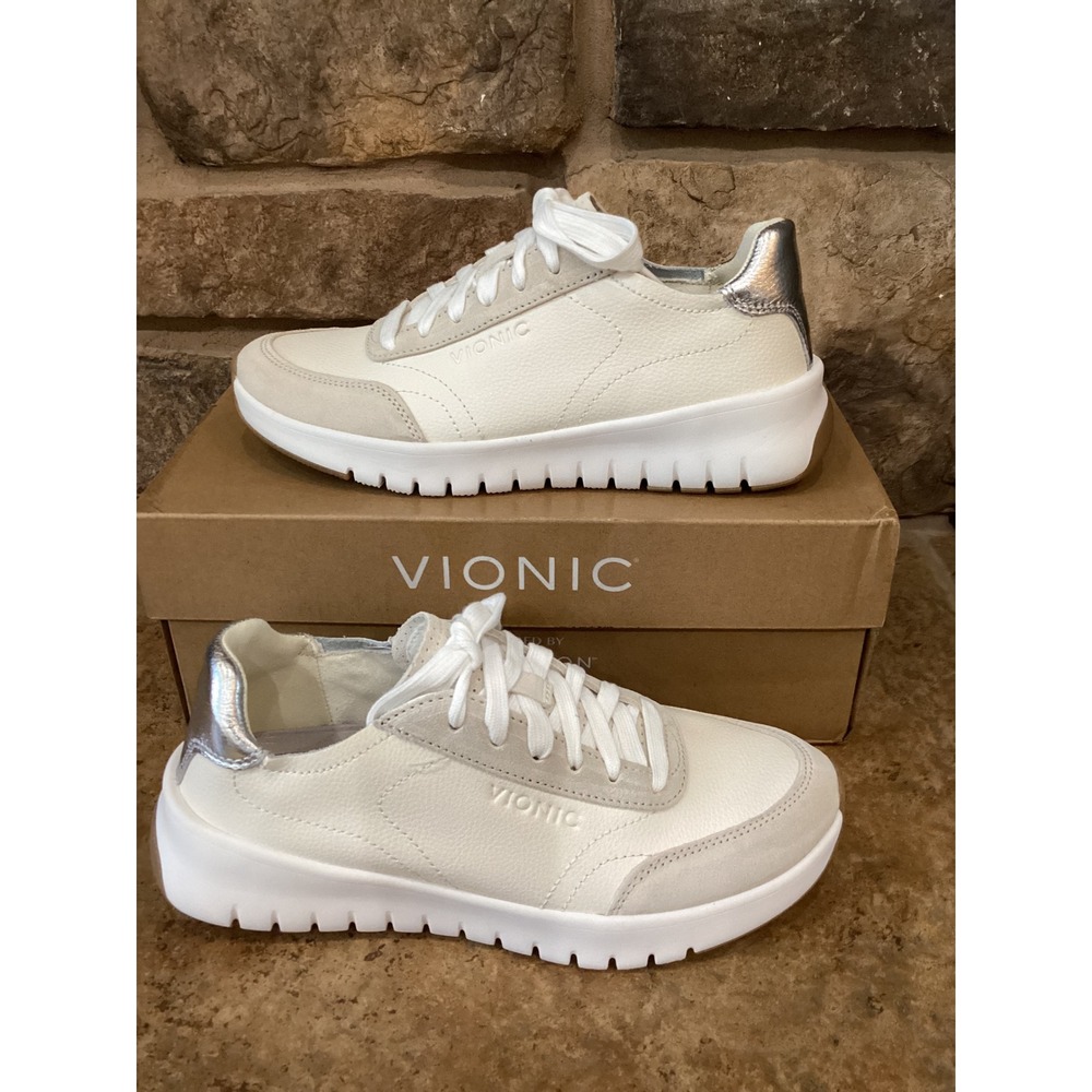 Vionic Uptown Cream Off White Leather Suede Metallic Silver Lace Up Sneakers 6.5